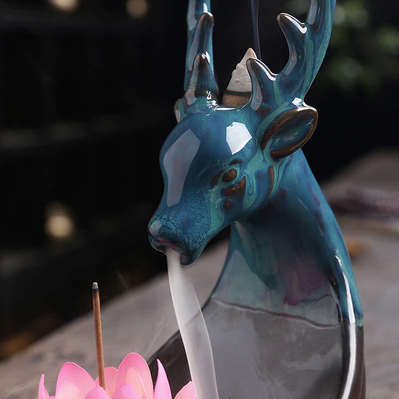 Ceramic Lotus Backflow Incense Burner with Deer 18cm