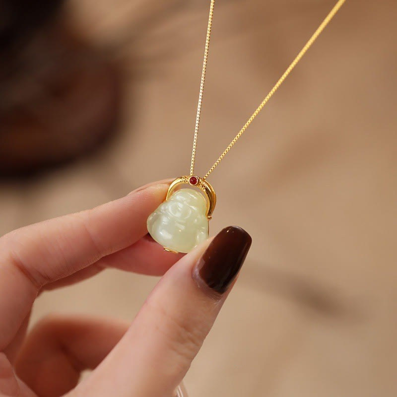 Hetian Jade Laughing Buddha Necklace for Abundance 925 Silver