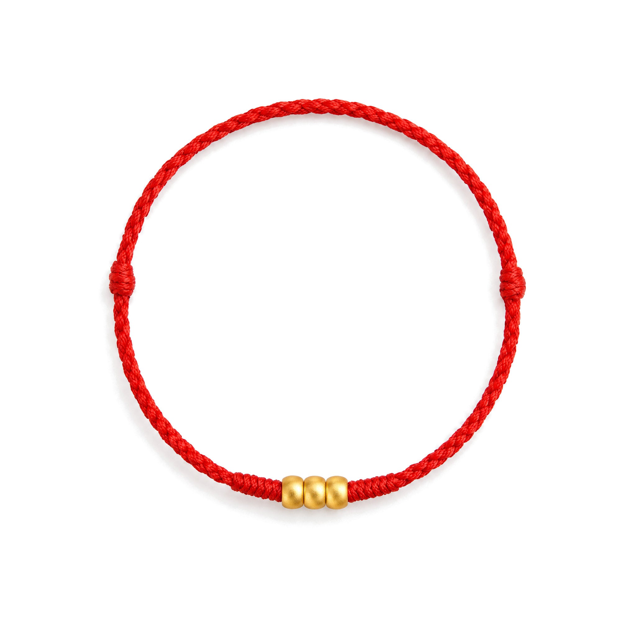 999 Gold Mini Red String Bracelet with Three Beads for Luck, Red, on a white background