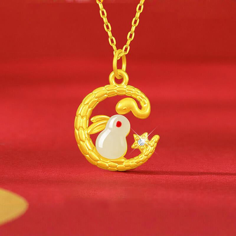 999 Gold Snake Around Rabbit Jade Necklace for Luck & Protection