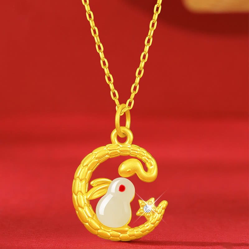 999 Gold Snake Around Rabbit Jade Necklace for Luck & Protection