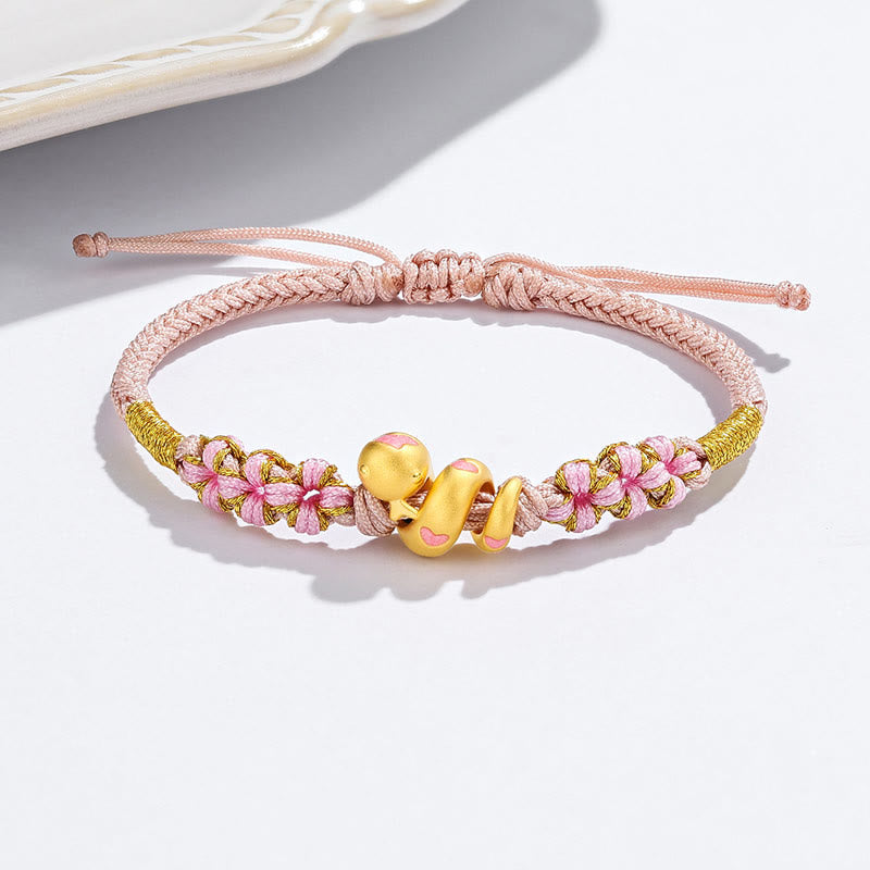 999 Gold Snake Pink Rope Bracelet for Luck