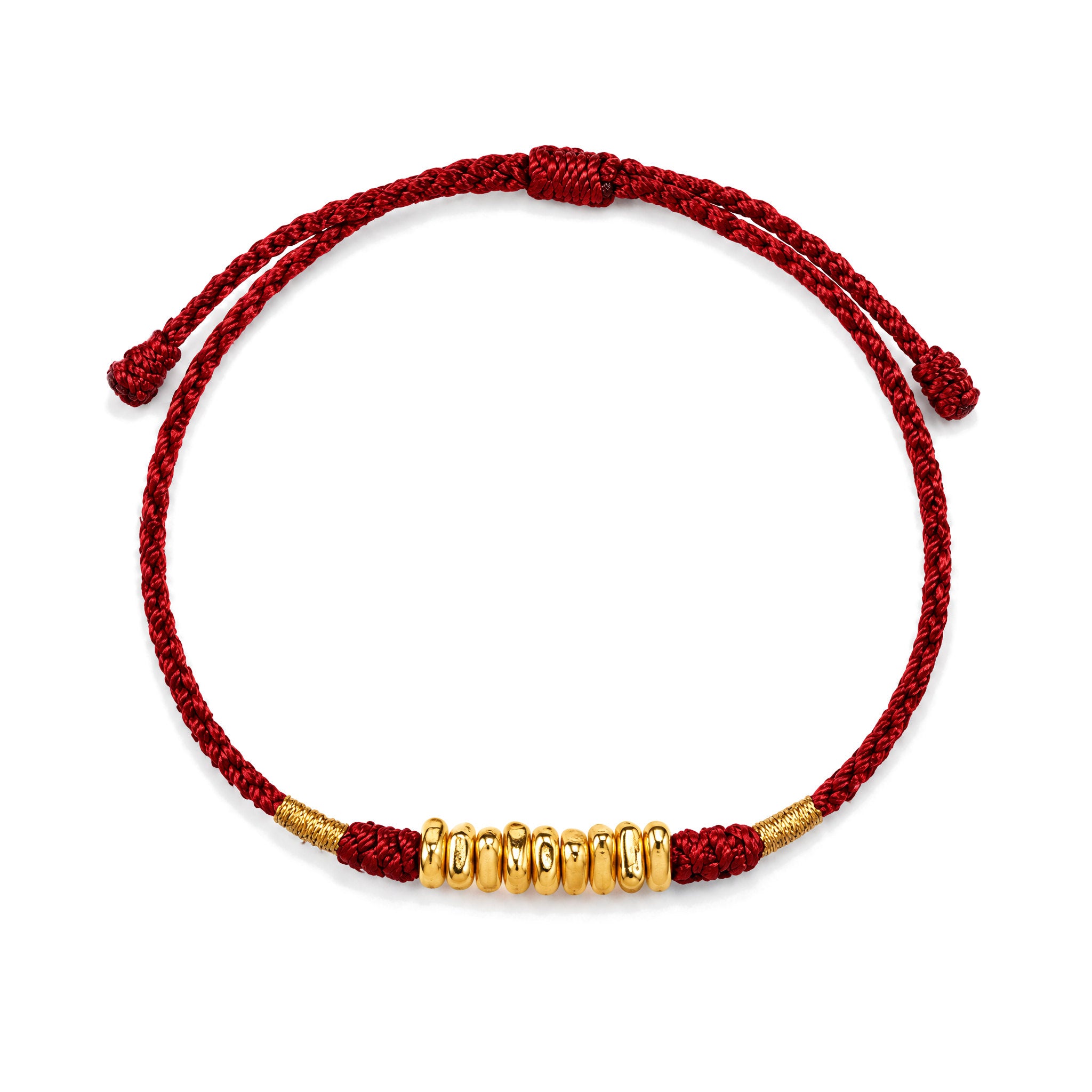 999 Gold Ultra-Thin Braided Red String Bracelet, Dark Red Rope, on a white background