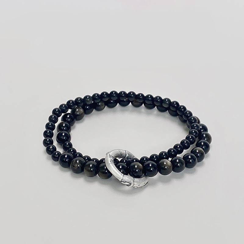 999 Sterling Silver Black Obsidian Unisex Protection Bracelet
