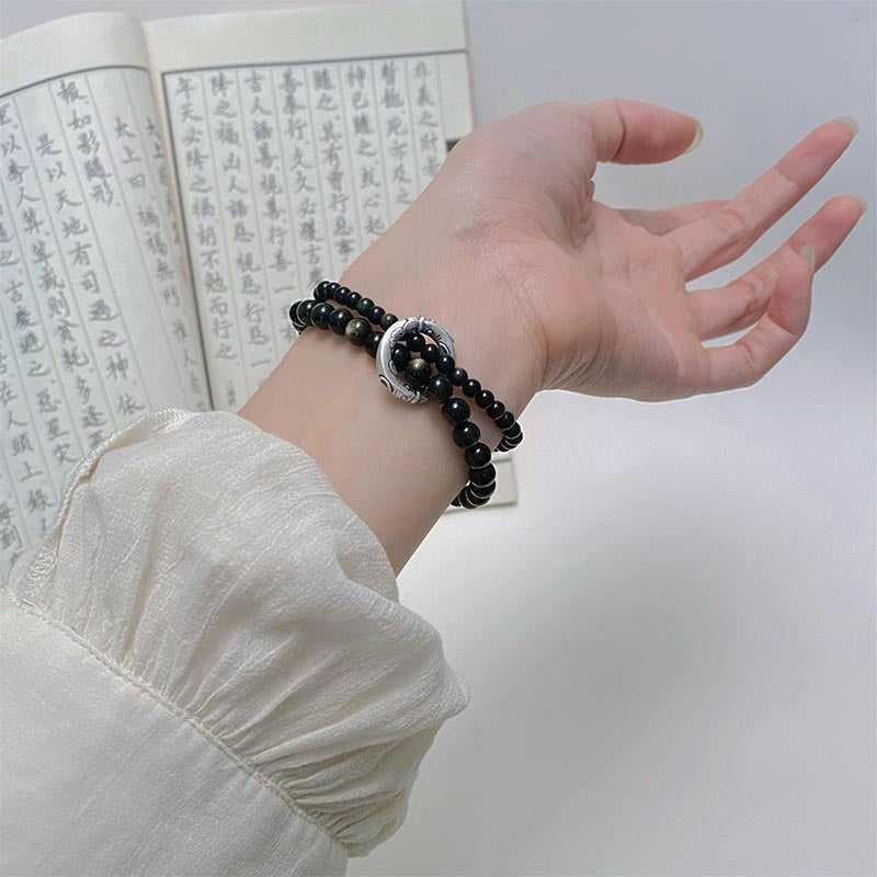 999 Sterling Silver Black Obsidian Unisex Protection Bracelet