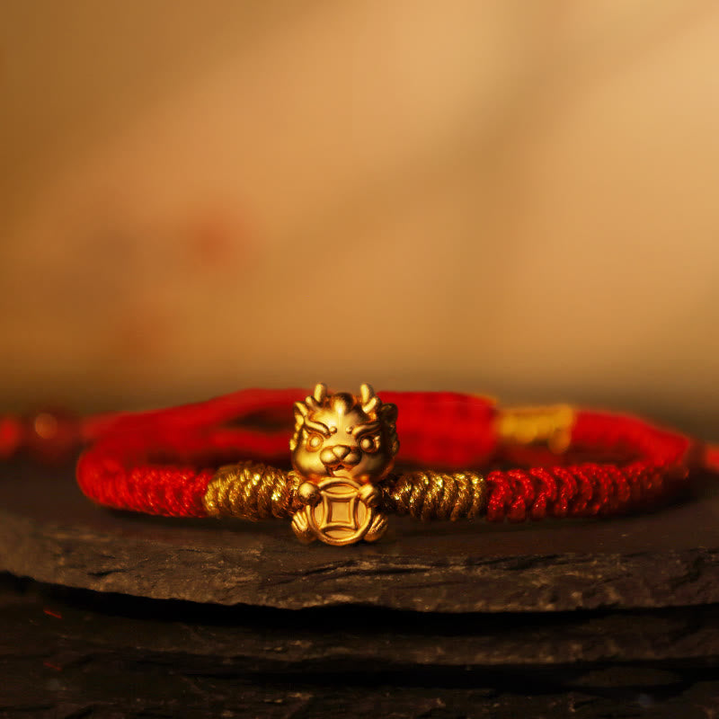 999 Sterling Silver Dragon Bracelet with Red String for Luck