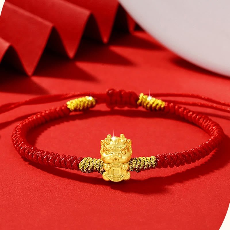 999 Sterling Silver Dragon Bracelet with Red String for Luck