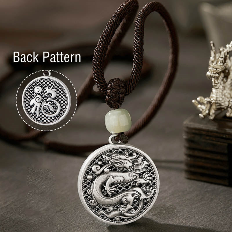 999 Sterling Silver Dragon Fu Character Hetian Jade Necklace