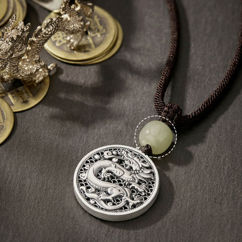 999 Sterling Silver Dragon Fu Character Hetian Jade Necklace