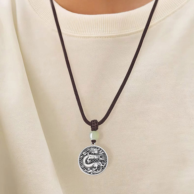 999 Sterling Silver Dragon Fu Character Hetian Jade Necklace