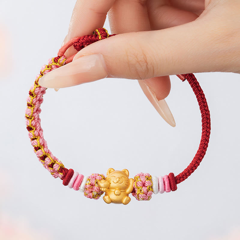 999 Sterling Silver Fortune Cat Red String Rope Bracelet