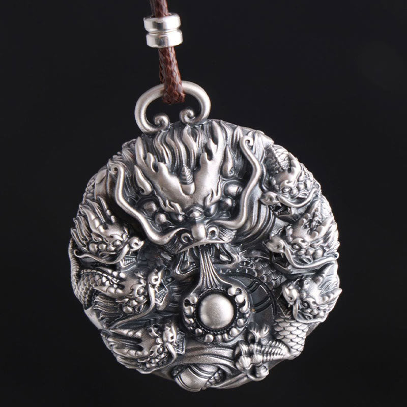 999 Sterling Silver Nine Dragons Playing With Pearl Necklace