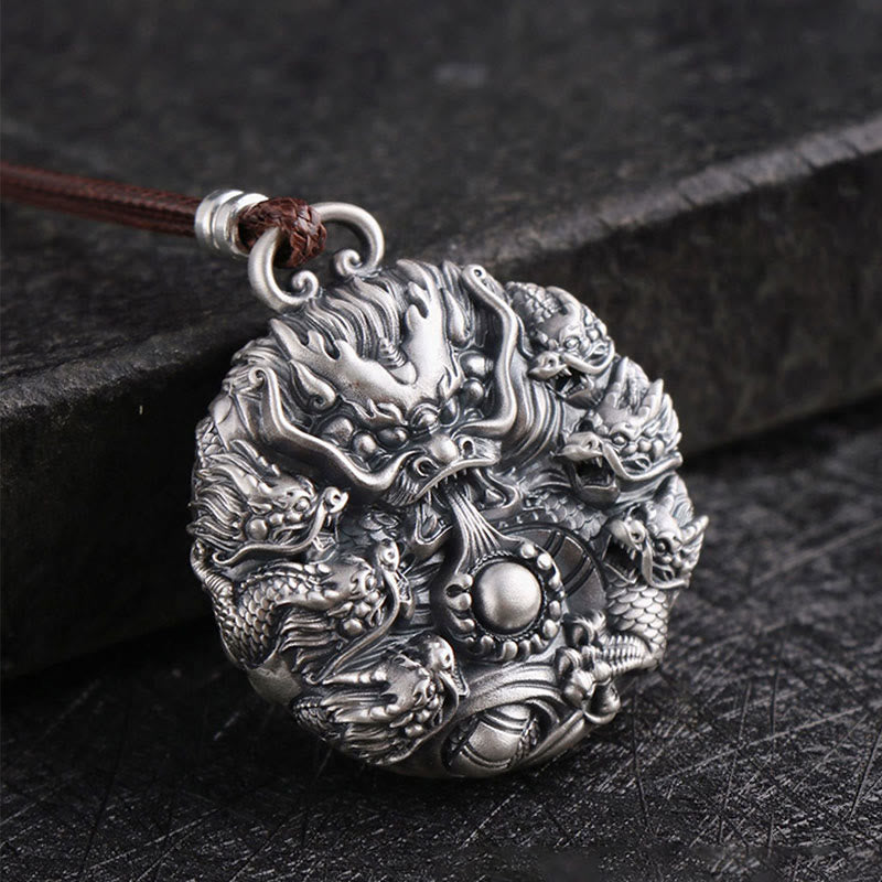 999 Sterling Silver Nine Dragons Playing With Pearl Necklace