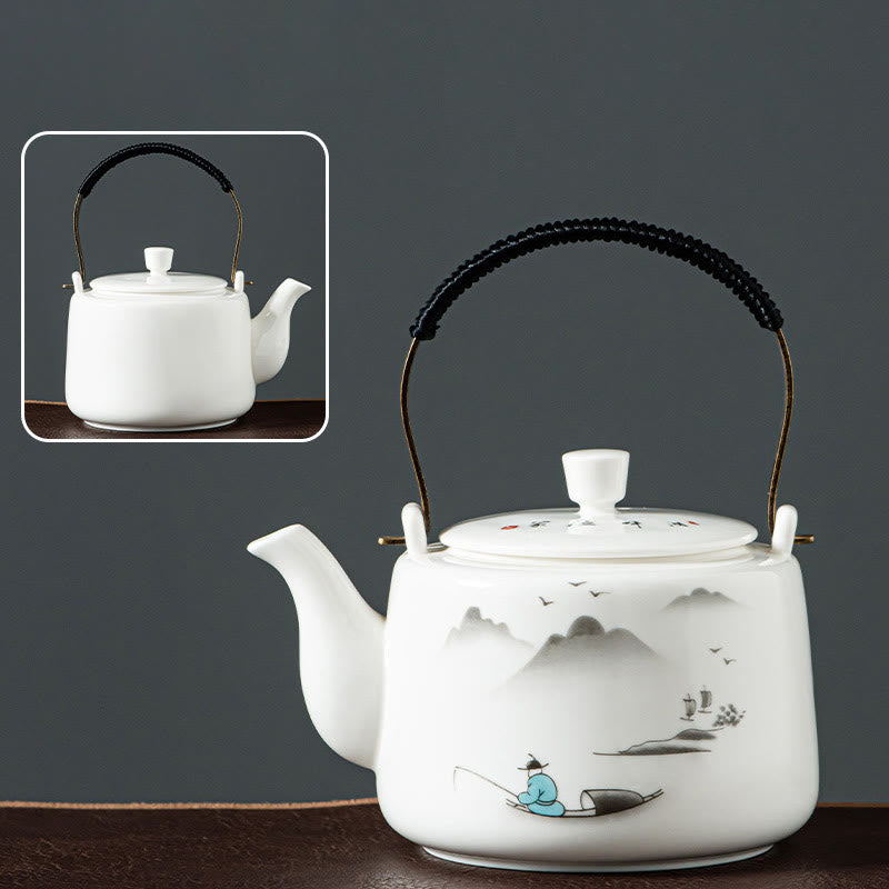 Vintage Ceramic Dragon Mountain Fisherman Kung Fu Teapot 600ml