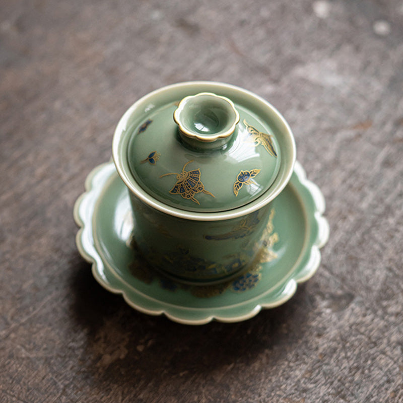 Green Porcelain Gaiwan Tea Set | Butterfly Flower & Salmon Design