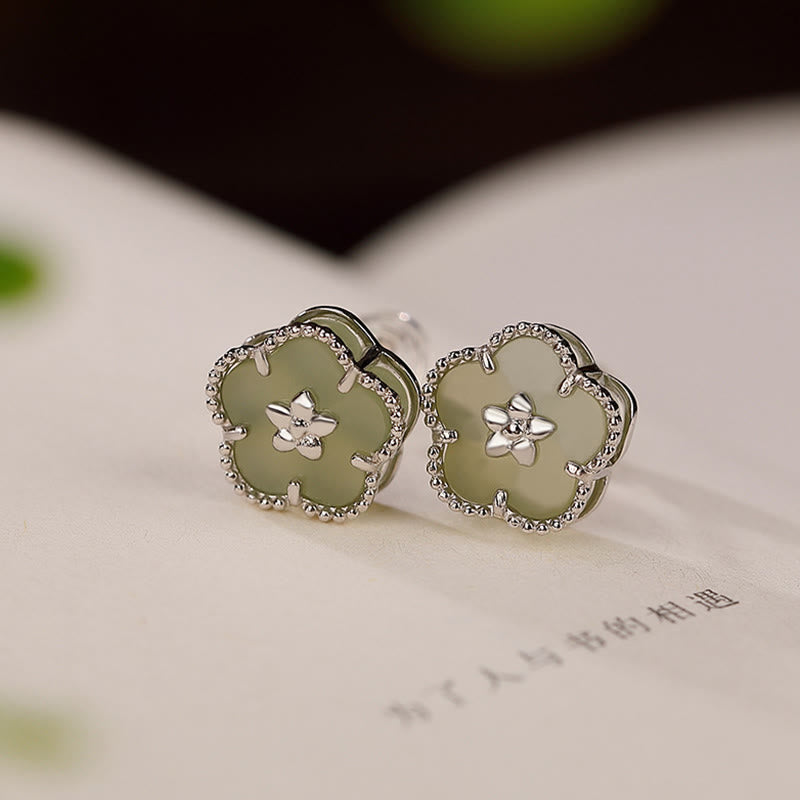 Sterling Silver Hetian Jade Plum Flower Luck Stud Earrings