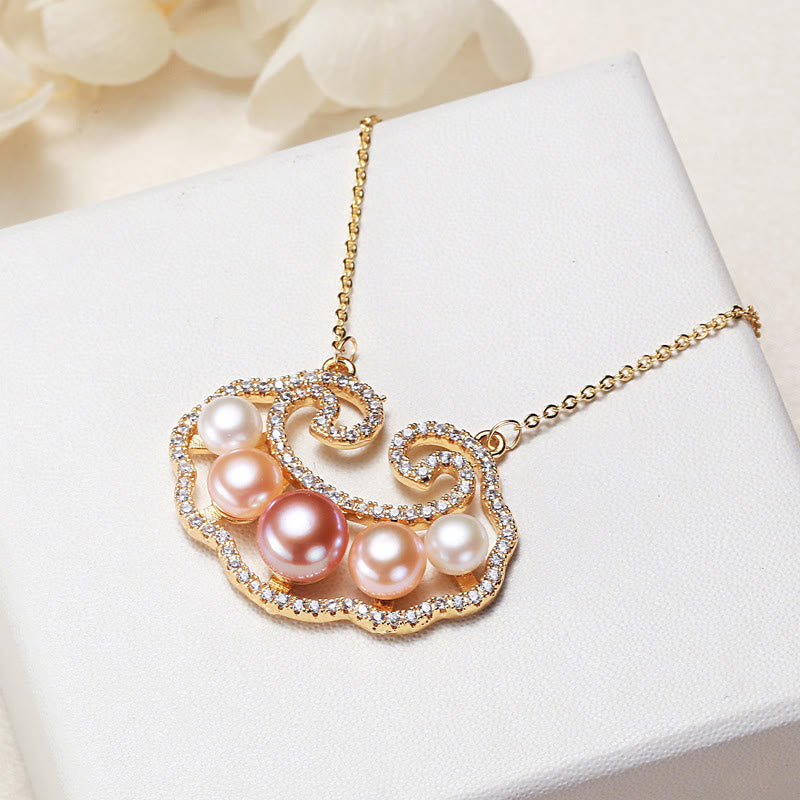 18K Gold Plated Pearl Necklace with Chinese Lock Charm for Sincerity