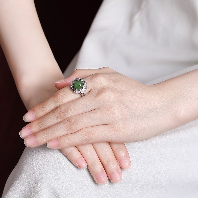 Adjustable 925 Sterling Silver Hetian Cyan Jade Luck Ring