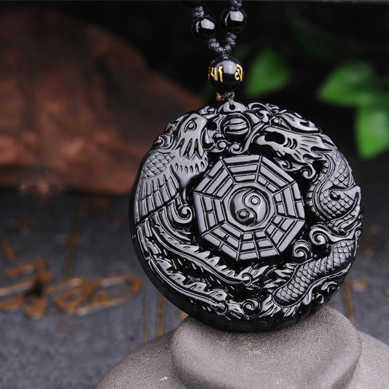 Obsidian Bagua Dragon Phoenix Fulfilment Pendant Necklace