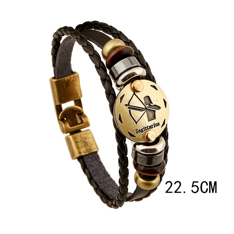 12 Constellations Zodiac Hematite Leather Charm Bracelet