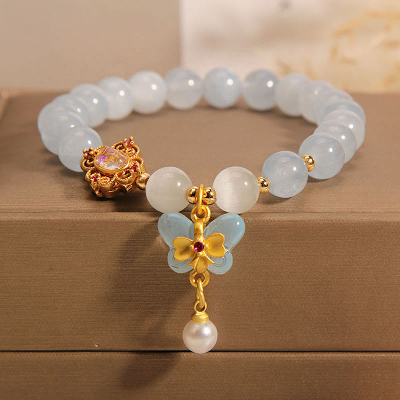 Aquamarine Bracelet with Cat's Eye and Butterfly Pearl Charm for Healing