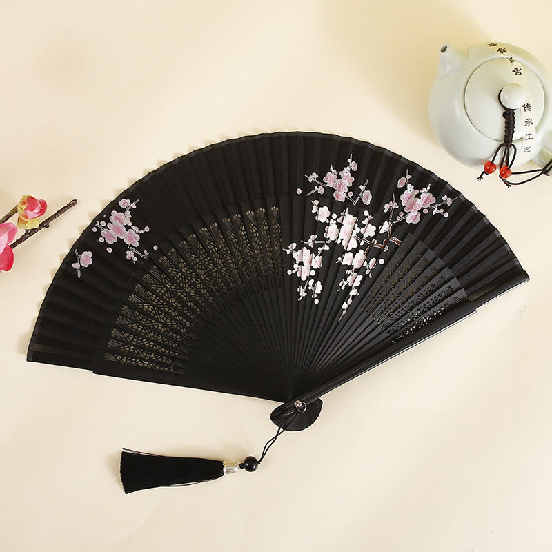 18cm Bamboo Folding Fan with Hibiscus and Plum Blossom Design