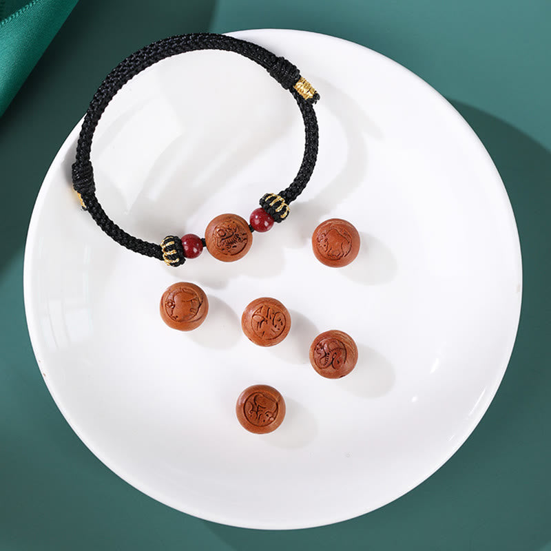 Natural Peach Wood Chinese Zodiac Fu Cinnabar Wealth Bracelet