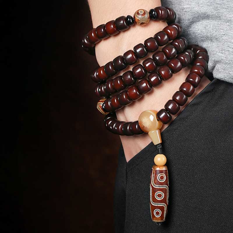 108 Mala Beads Three-eyed Nine-eye Dzi Jade Luck Bracelet