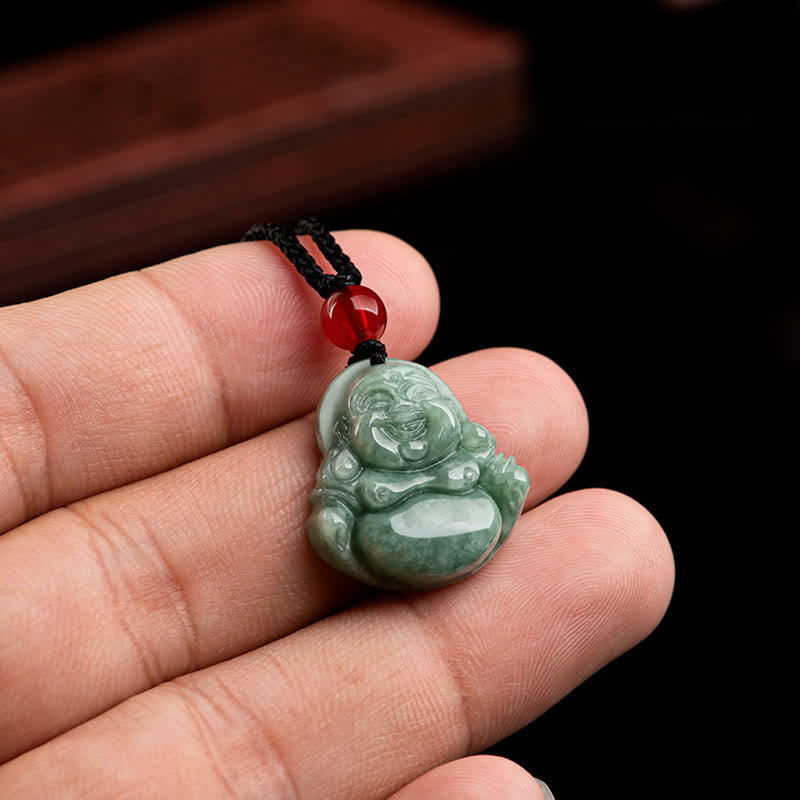 Green Jade Laughing Buddha Necklace for Luck & Abundance