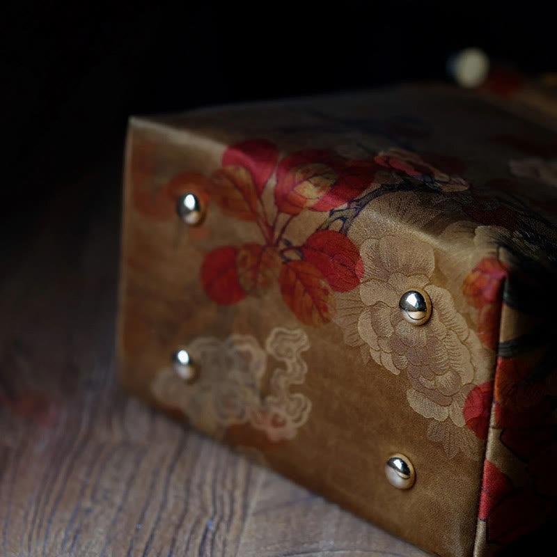 Yellow Bird Green Peony Bamboo Handle Handbag | Spiritual Accessory