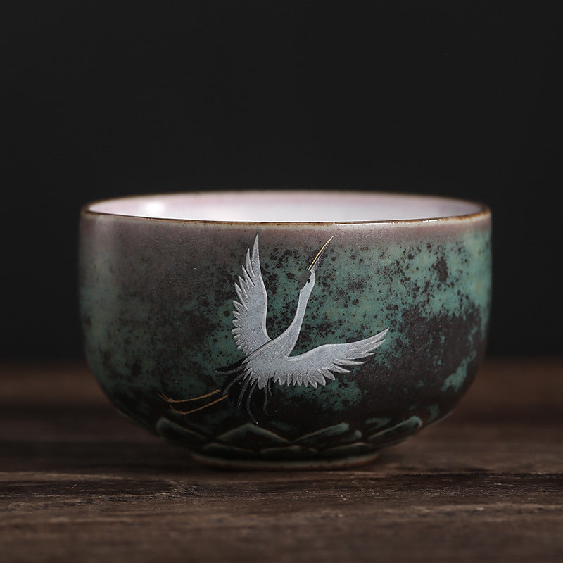Auspicious Crane Ceramic Tea Cup for Meditation & Ritual