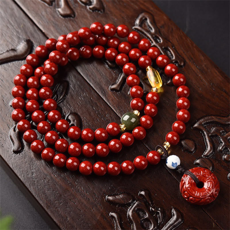 6mm Cinnabar Peace Buckle Triple Wrap Unisex Bracelet
