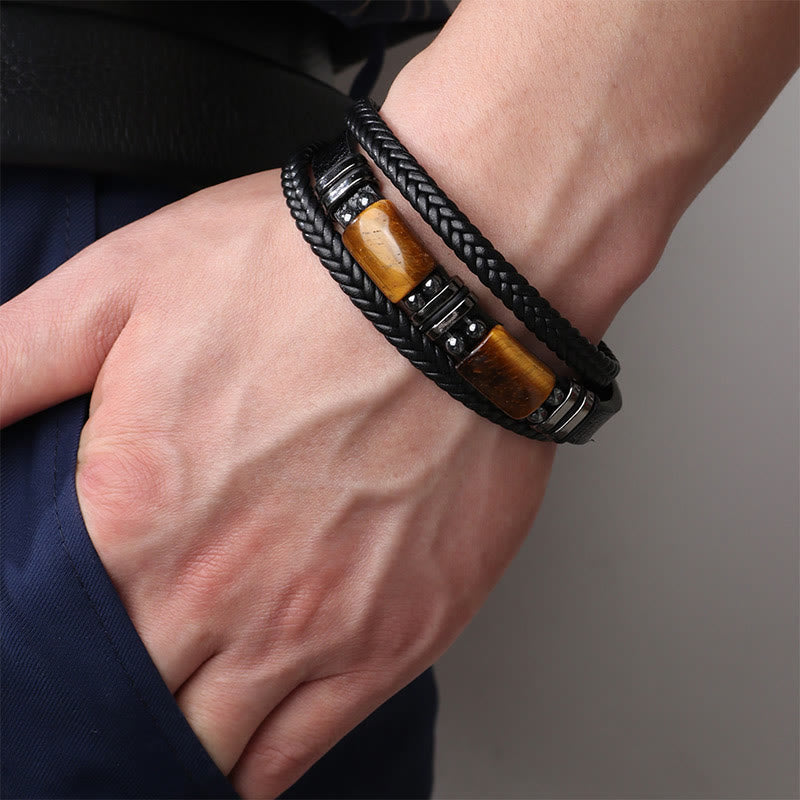 Tiger Eye Power Magnetic Buckle Leather Bracelet