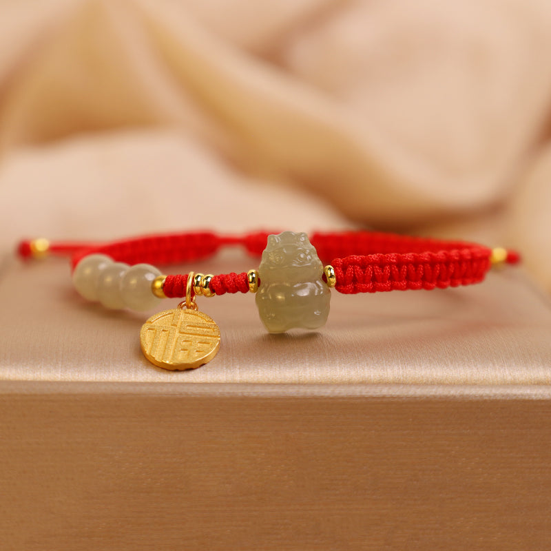Unisex Hetian Jade Dragon Bracelet with Fu Character for Luck