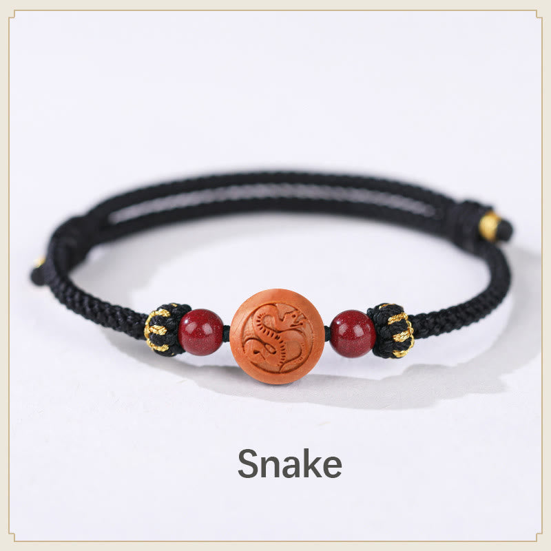 Natural Peach Wood Chinese Zodiac Fu Cinnabar Wealth Bracelet