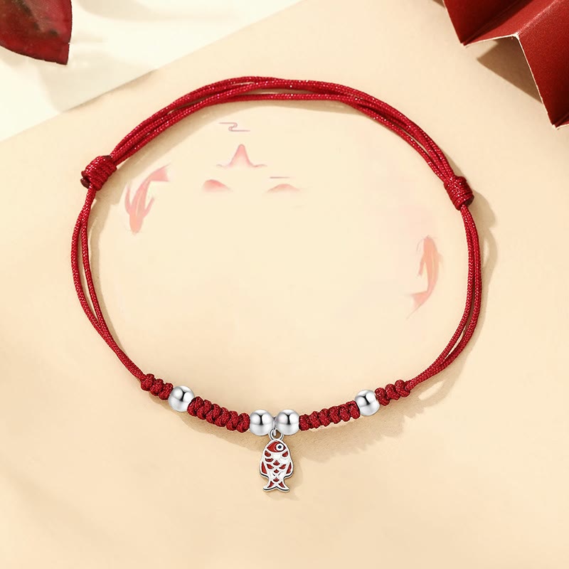 925 Sterling Silver Koi Fish Luck Bracelet in Braided Red Rope