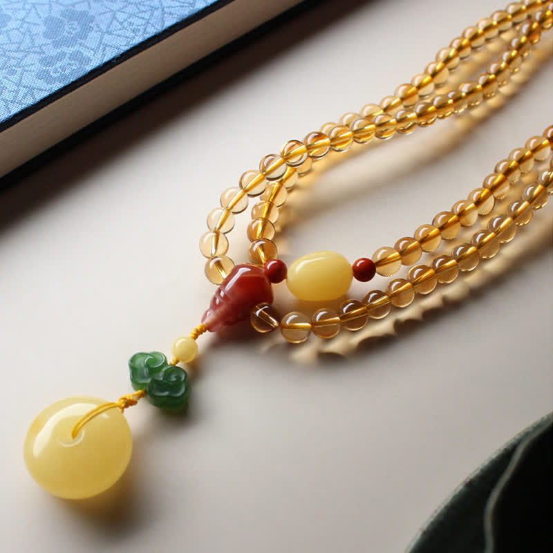 108 Bead Citrine and Amber Gemstone Mala Bracelet for Peace