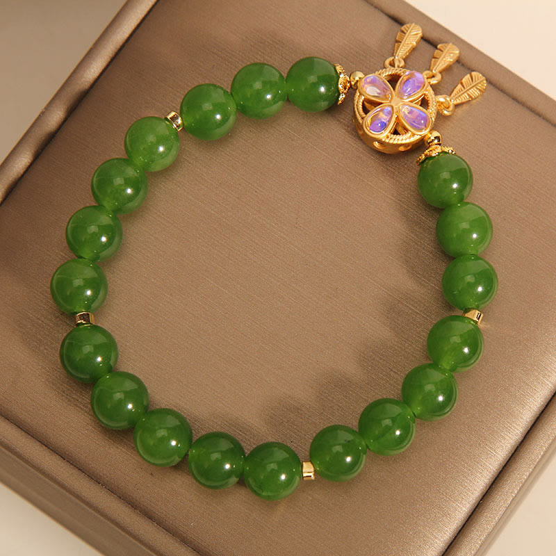 8mm Green Jade Dreamcatcher Four Leaf Clover Bracelet