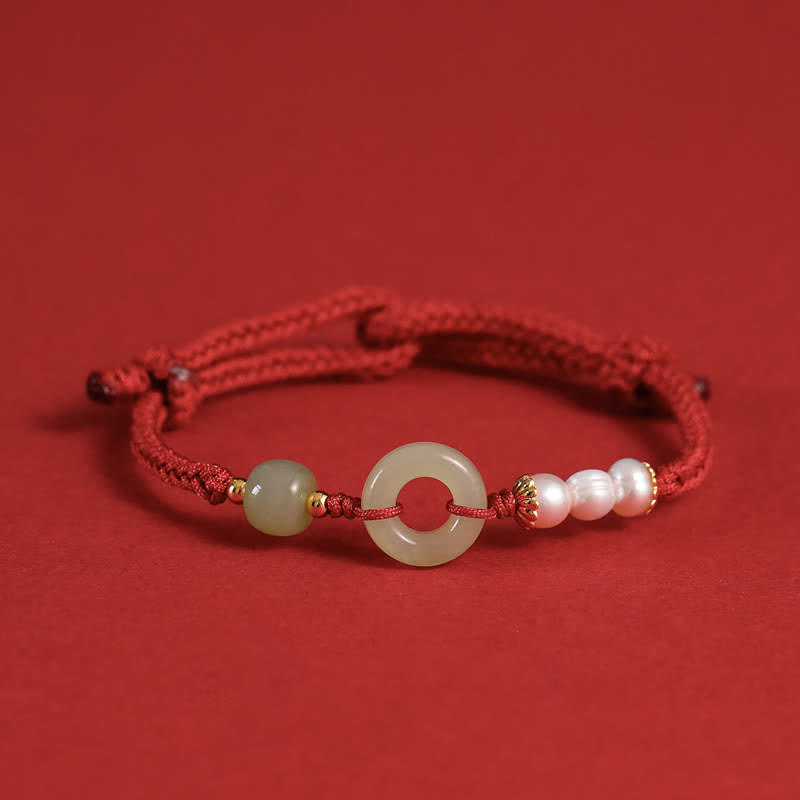 Natural Hetian Jade Pearl Peace Buckle Luck Bracelet