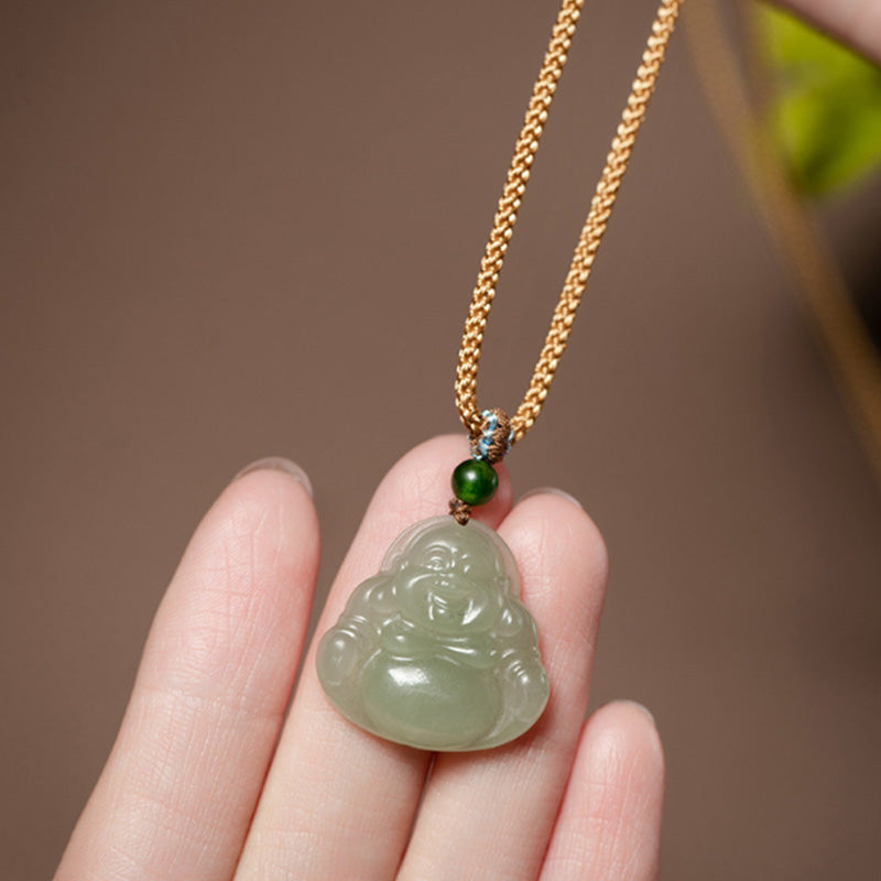 Laughing Buddha Jade Lotus Prosperity String Necklace