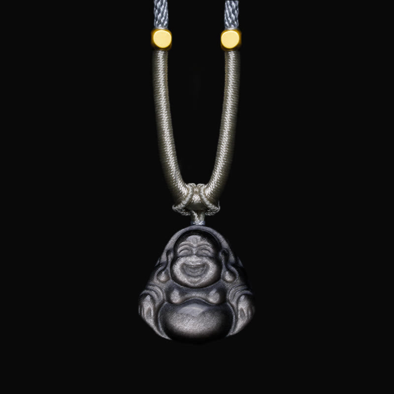 Silver Sheen Obsidian Protection Necklace with Laughing Buddha