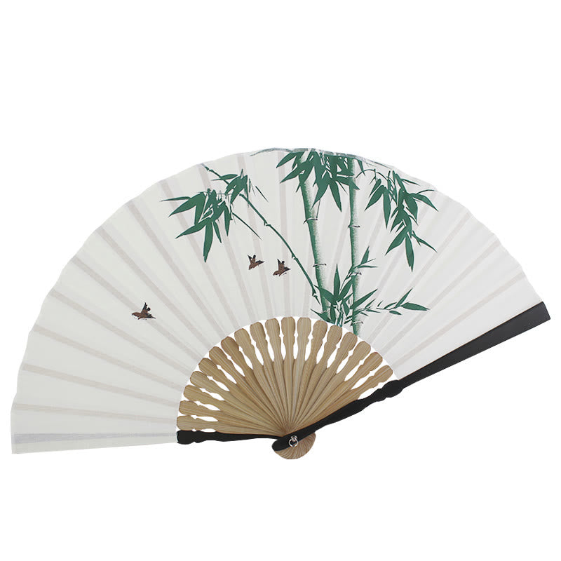 Chinese Folding Fan with Bamboo and Koi Fish Patterns