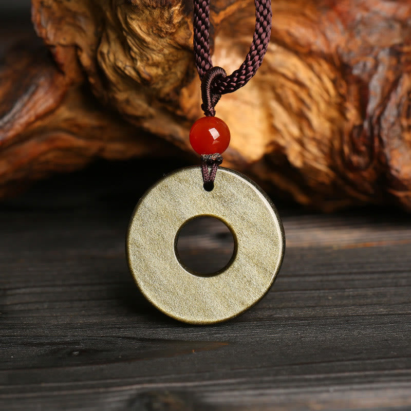 Gold Sheen Obsidian Wealth Necklace with Pixiu & Peace Buckle