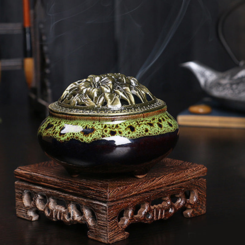 Flower Pattern Ceramic Incense Burner for Meditation & Blessing