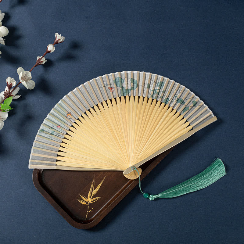 21cm Chinese Folding Fan with Lotus Begonia Jasmine Motifs in Bamboo Frame