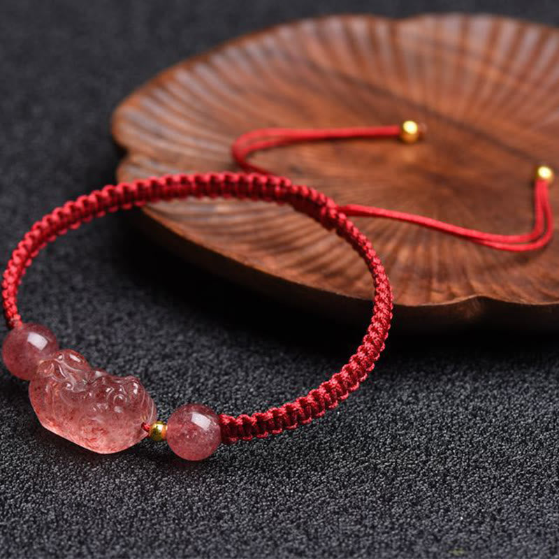 Natural Strawberry Quartz PiXiu Red String Bracelet for Luck