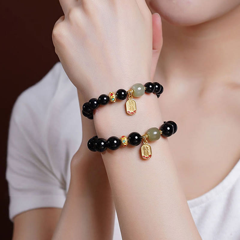 Black Onyx & Hetian Jade Lucky Fortune 8mm Bracelet