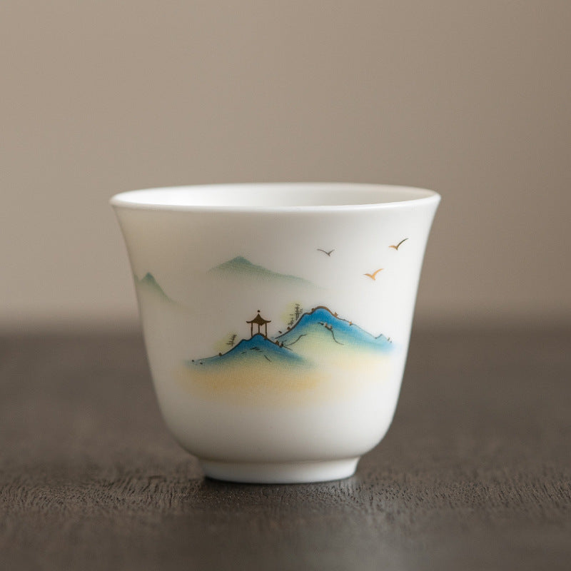 Zen Ceramic Teacup with Lotus Flower and Mountain Design 100ml