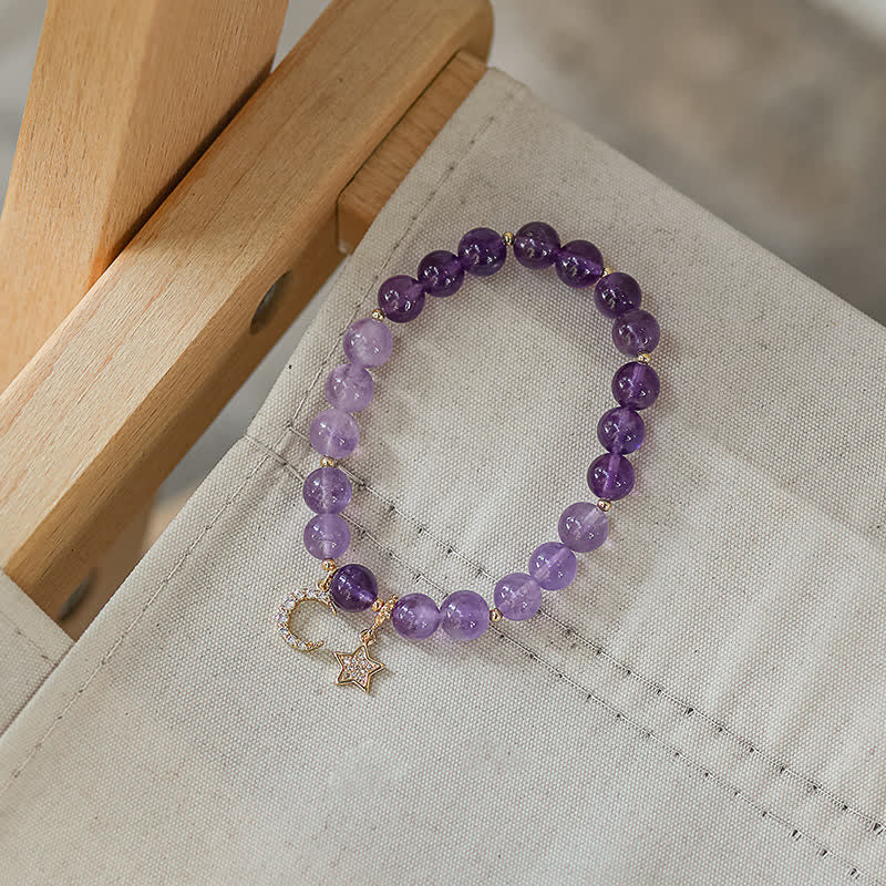 Amethyst Crystal Moon Star Healing Bracelet 7.5-8mm