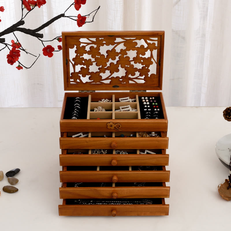 Six-Layer Wooden Jewelry Box with Vintage Plum Blossom Carvings